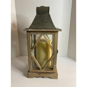 Natural Wood Lantern, Tin Top, Farmhouse, Ccoastal Decor, Rustic Candle Holder